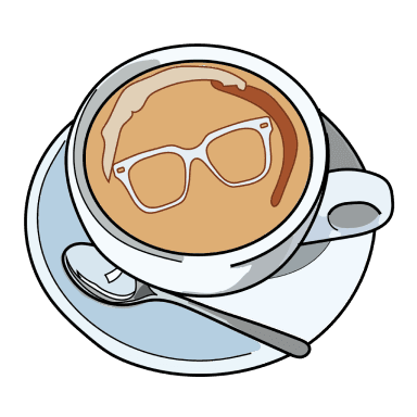 Coffee mug on a saucer with glasses-shaped latte art