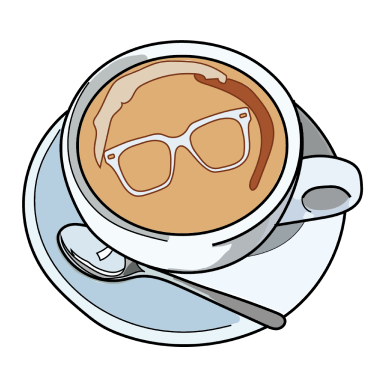 Coffee mug on a saucer with glasses-shaped latte art